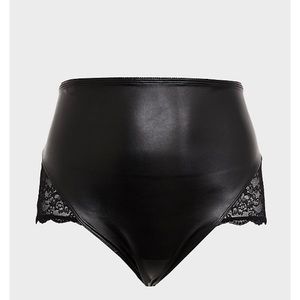 BLACK FAUX PLEATHER & LACE LACE-UP HIGH WAIST PANTY NWT
